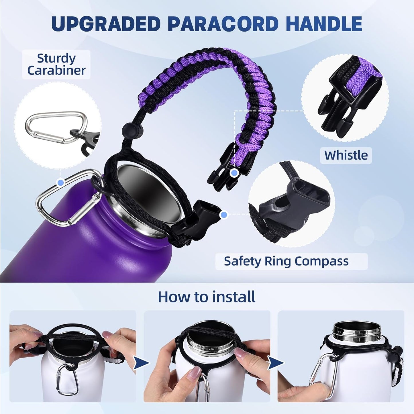 Insulated Water Bottle, 32 oz Stainless Steel Wide Mouth Water Bottles with 2 Leak Proof Lid and Paracord Handle, Double Wall Vacuum Insulated Sports Water Bottle, Purple Black