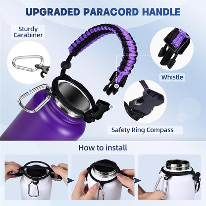 Insulated Water Bottle, 32 oz Stainless Steel Wide Mouth Water Bottles with 2 Leak Proof Lid and Paracord Handle, Double Wall Vacuum Insulated Sports Water Bottle, Purple Black