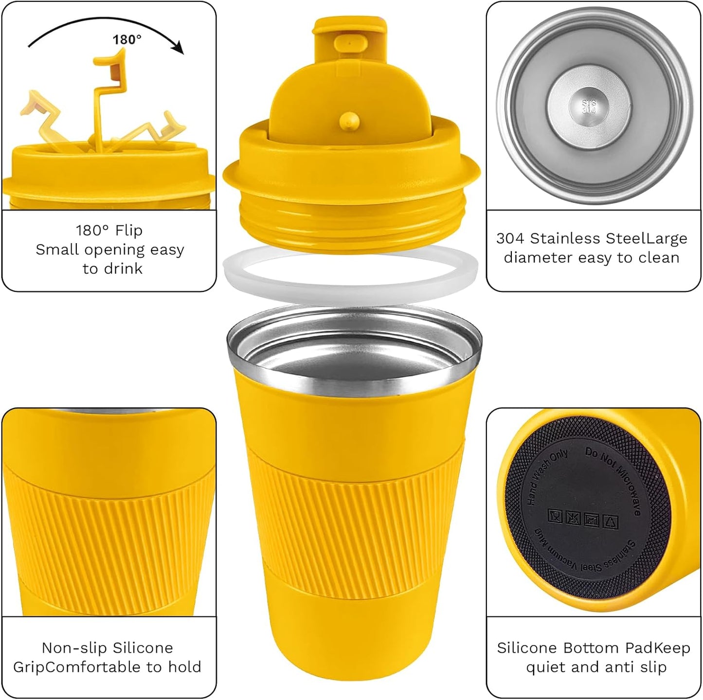 YINBAOGE Insulated Travel Coffee Mug, Spill & Leak Proof, Portable To Go Camping Stainless Steel Coffee Tumbler, Reusable Thermal Coffee Cup with Lid for Hot & Cold Drinks (Black, 12 OZ)