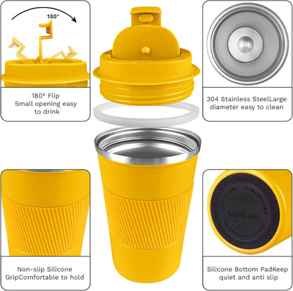 YINBAOGE Insulated Travel Coffee Mug, Spill & Leak Proof, Portable To Go Camping Stainless Steel Coffee Tumbler, Reusable Thermal Coffee Cup with Lid for Hot & Cold Drinks (Black, 12 OZ)