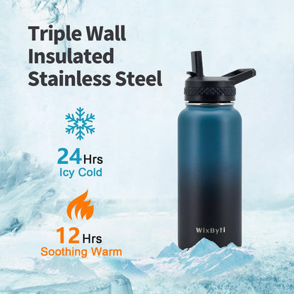 WixByti 40 oz Insulated Water Bottle with Straw (Cold for 36 Hrs), Stainless Steel Triple Wall Vacuum Sports Water Jug, Leakproof Hydro Cup Flask with Paracord Handle & Straw Spout Lids & DIY Stickers