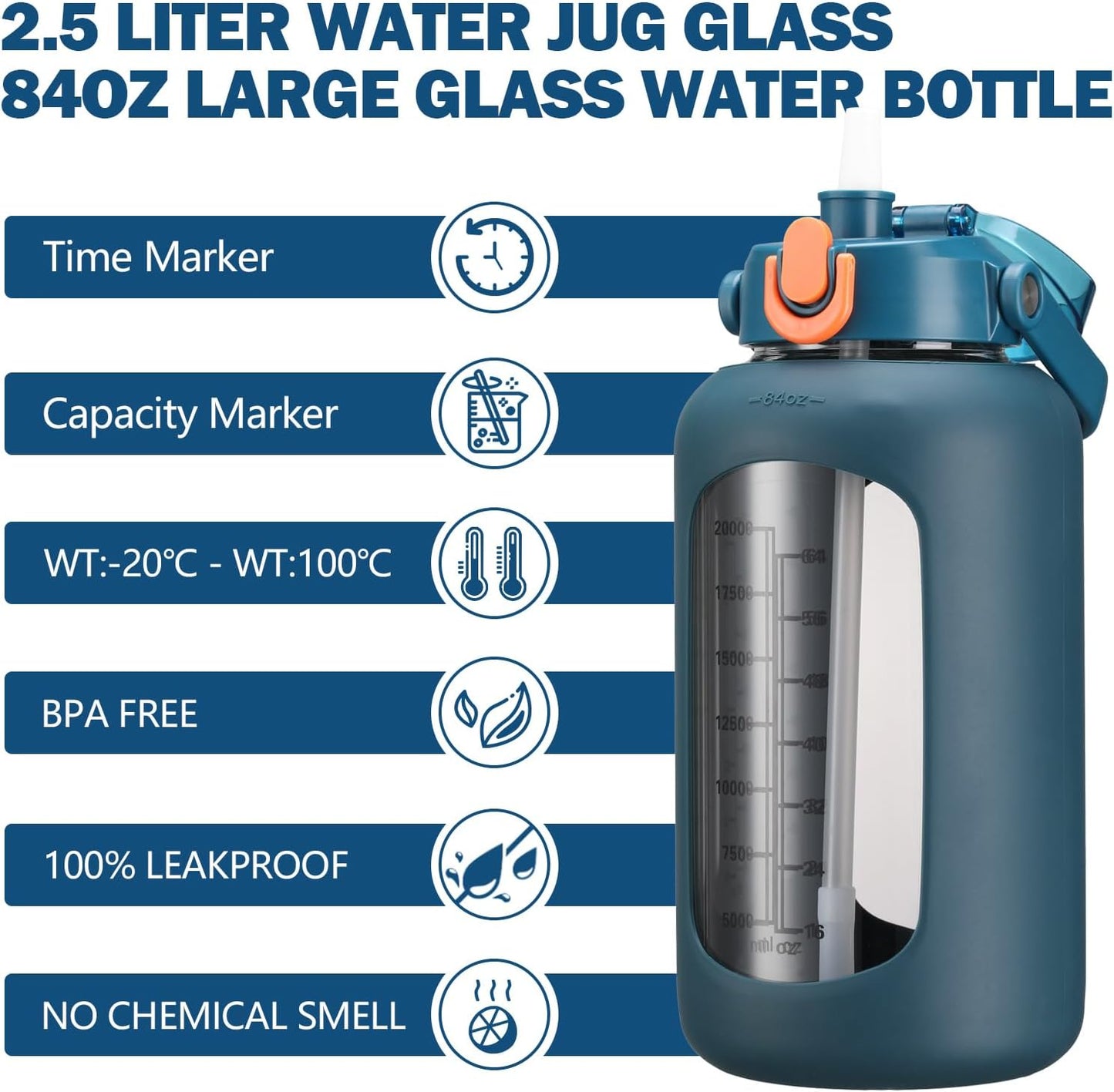 64oz Glass Water Bottles with Straw, Half Gallon Motivational Glass Bottle with Silicone Sleeve and Time Marker, 2L Leakproof Large Glass Water Jug for Gym Home Office,olive