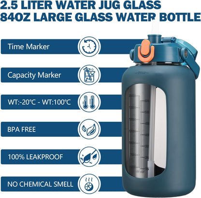 64oz Glass Water Bottles with Straw, Half Gallon Motivational Glass Bottle with Silicone Sleeve and Time Marker, 2L Leakproof Large Glass Water Jug for Gym Home Office,olive