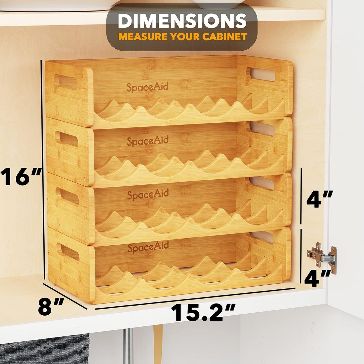 SpaceAid Bamboo Water Bottle Organizer with Labels, Kitchen Pantry Water Bottle Storage Rack for Cabinets, Home Cup and Wine Bottle Holder Shelf Organizers, 2 Pack 4-Slot, Hold 8 Bottles