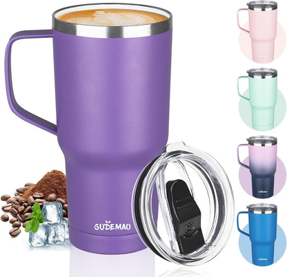 20 oz Insulated Coffee Mug with Ceramic Coating, Stainless Steel Travel Mug Tumbler with Handle Lid and Straw, Double Wall Leak-Proof Coffee Travel Mug Keeps Drink Hot and Cold (Black)