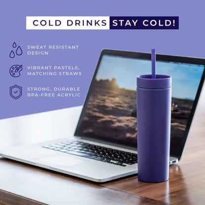 STRATA CUPS Perwinkle Skinny Tumblers with Lids and Straws (4 pack), 16oz Matte Pastel Colored Acrylic Tumblers with Lids and Straws, Double Wall Skinny Tumbler Bulk, Reusable Cup with Straw Cleaner