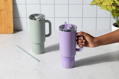 Ello Port 40oz Tumbler with Carry Loop & Integrated Handle, Vacuum Insulated Stainless Steel Reusable Water Bottle, Travel Mug with Leak Proof Lid & Straw, Perfect for Iced Coffee & Tea, White