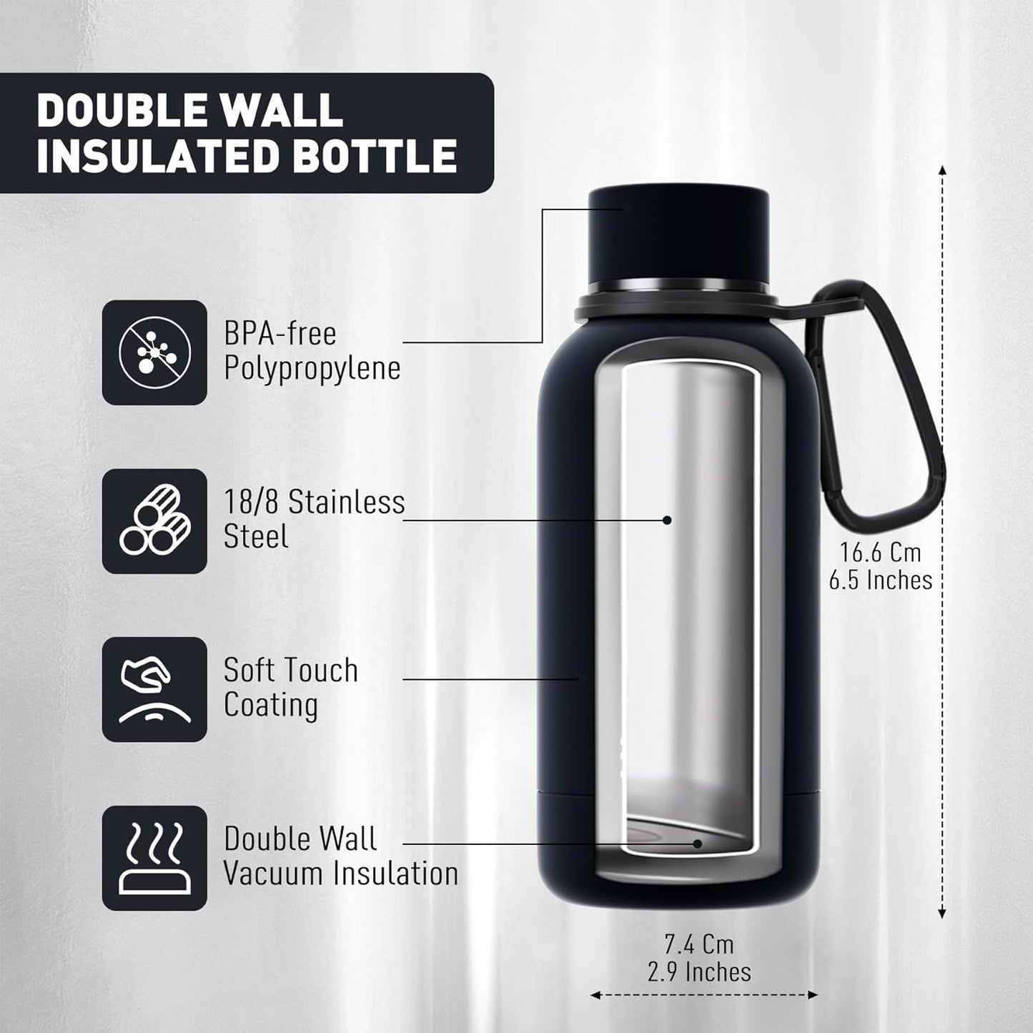 Exllena Slim Insulated Water Bottles for Travel 18oz with Clip, Double Wall Vacuum Stainless Steel Water Bottle Keeps Drinks Cold 24 Hrs/Hot 12 Hrs, 100% Leakproof, BPA Free(Black)