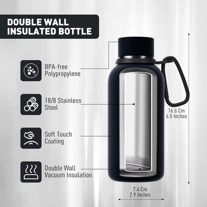 Exllena Slim Insulated Water Bottles for Travel 18oz with Clip, Double Wall Vacuum Stainless Steel Water Bottle Keeps Drinks Cold 24 Hrs/Hot 12 Hrs, 100% Leakproof, BPA Free(Black)