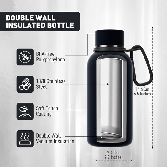 Exllena Slim Insulated Water Bottles for Travel 18oz with Clip, Double Wall Vacuum Stainless Steel Water Bottle Keeps Drinks Cold 24 Hrs/Hot 12 Hrs, 100% Leakproof, BPA Free(Black)