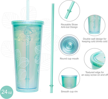 bzyoo SIP 24oz (710ml) Double Wall Plastic Tumbler with Lid and Straw Cold Drink Travel Mug Reusable Party Cup Perfect for Office Ice Coffee or Tea and Gift Color: Pink & Purple
