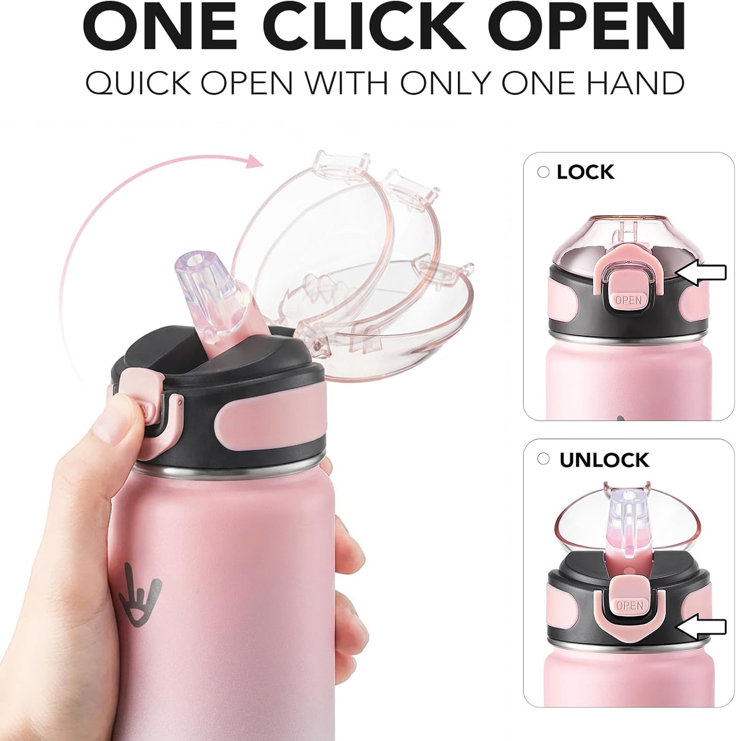 Enerbone 24 oz Insulated Water Bottle, Stainless Steel Bottle with Carrying Strap, Double-Wall Vacuum Insulation Design, Leakproof Sports Bottle with Straw, Keep Drinks Cold or Hot for Hours