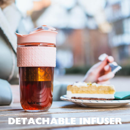 Travel Mug Loose Tea Infuser - Detachable Tea Strainer with Spillproof Lid - BPA-Free Reusable Glass Travel Coffee Cup with Silicone Band (Ice Cream, 12oz)