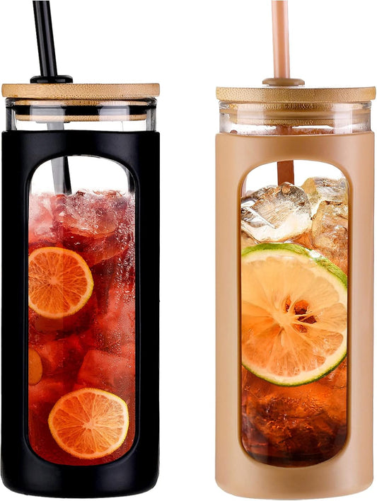 Kodrine 20oz Glass Water Tumbler with Straw and Lid, Bamboo Lids Water Bottle, Iced Coffee Cup Reusable, Wide Mouth Smoothie Cups with Protective Silicone Sleeve BPA FREE-Black - Colors B