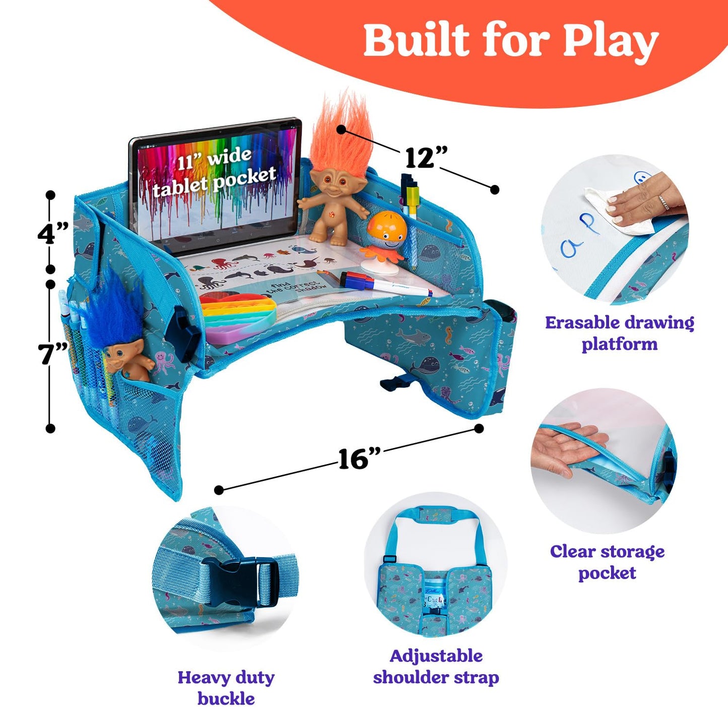 PILLANI Kids Travel Tray for Car - Car Seat Tray with Activity Sheets & Pens, Road Trip Essentials for Car & Airplane, Must Have Toddler Travel Lap Desk Accessories - Road Trip Activities for Kids
