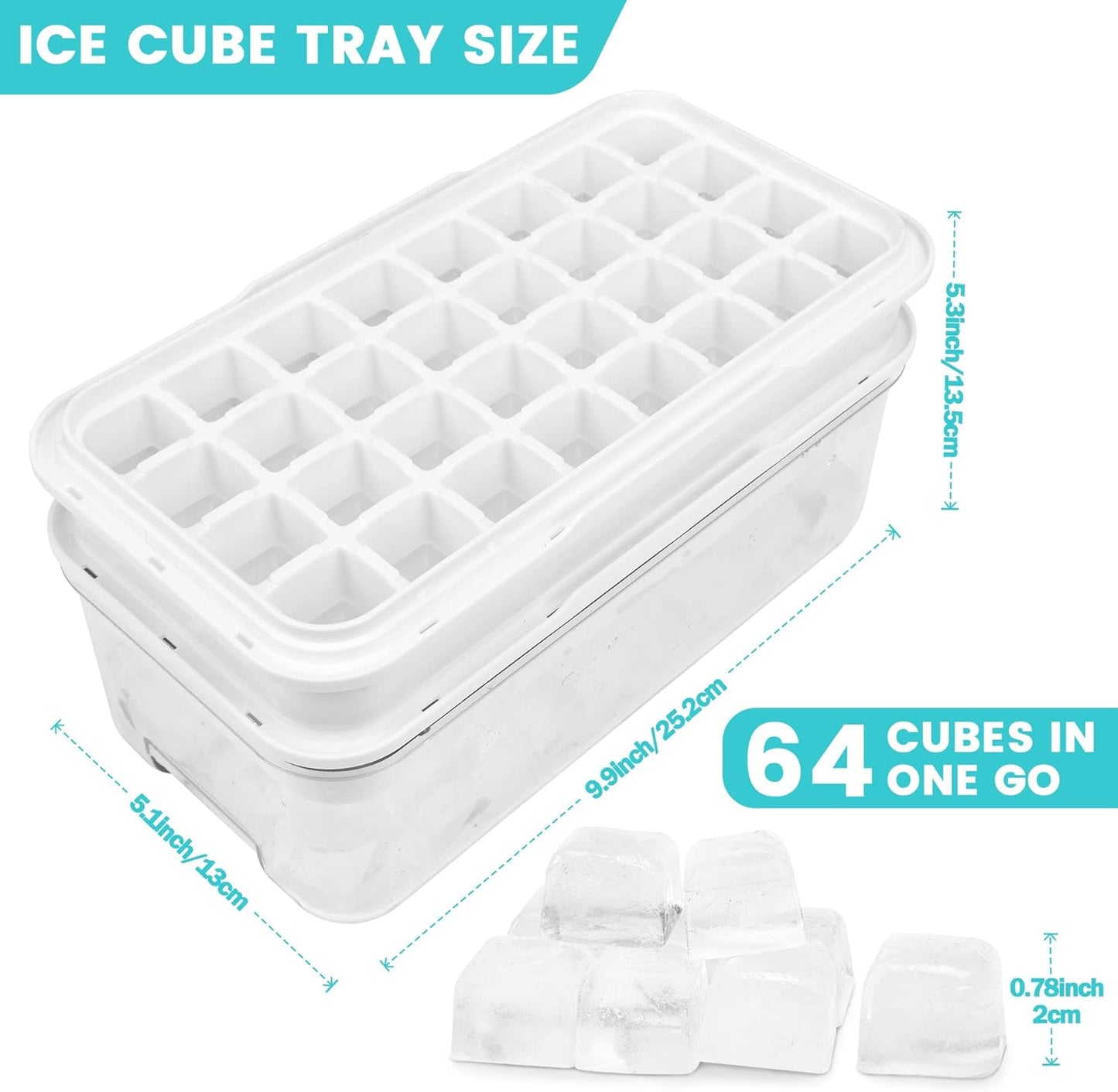 Ice Trays for Freezer with Lid & Bin, Ice Cube Tray Making 64 pcs Ice Cubes, Easy Press to Release Ice, Ice Tray with Storage Bin Chilling Cocktail Whiskey Coffee 2 Trays 1 Ice Bucket & Scoop (Black)