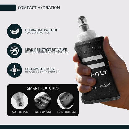 FITLY Soft Flask - Shrink As You Drink Soft Water Bottle for Hydration Pack - Folding Water Bottle Ideal for Running, Hiking, Cycling, Climbing & Rigorous Activity