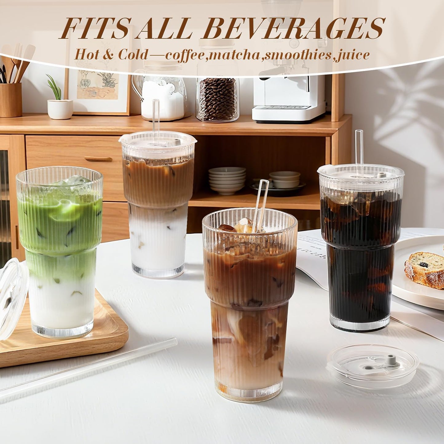Iced Coffee Cups with Lids: Coffee Bar Accessories - Ribbed Glass Tumbler with Straw and Lid 4Pcs - 20oz Leak Proof Tumbler - Reusable Glass Cups and Tumblers with Lid and Straws for To Go Iced Coffee