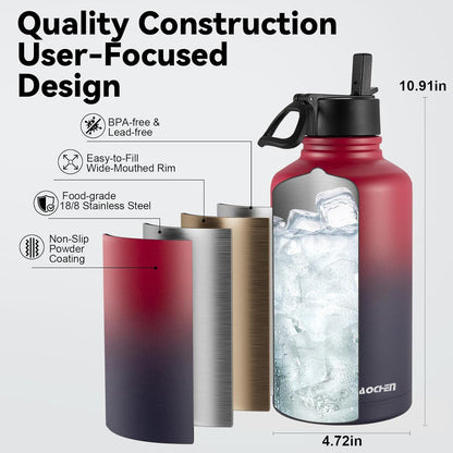 KXIAOCHEN Insulated Water Bottle With Strap, Cold For 48 Hrs Leak Proof, Triple Wall Stainless Steel Sports Water Bottle With Straw And Spout Lid For Gym Hiking Travel