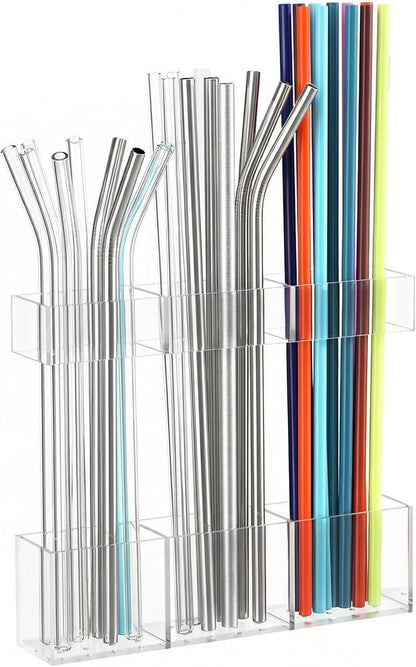 Straw Holder for Cabinet Door, Reusable Tumbler Straw Organizer Storage Container Mount for Kitchen Counter Cupboard Door (Transparent, 9.5inch)