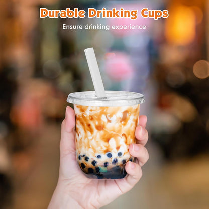 Ziliny 50 Sets Crystal Clear Plastic Cups with Lids, Straws and Stickers, Disposable Iced Coffee Cups Thickened PET for Iced Coffee, Bubble BobaTea, Smoothie, Cold Drinks, Juice, Shops (12 oz)