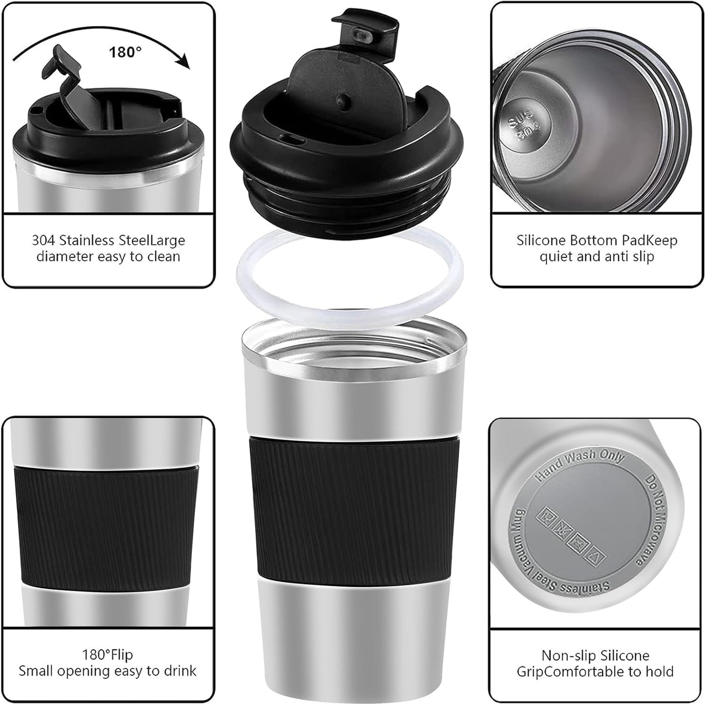 YINBAOGE Insulated Travel Coffee Mug, Spill & Leak Proof, Portable To Go Camping Stainless Steel Coffee Tumbler, Reusable Thermal Coffee Cup with Lid for Hot & Cold Drinks (Black, 12 OZ)