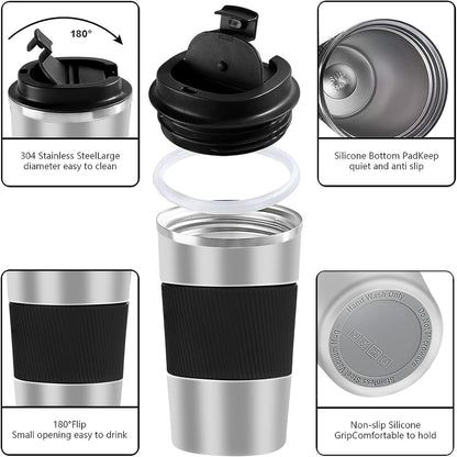 YINBAOGE Insulated Travel Coffee Mug, Spill & Leak Proof, Portable To Go Camping Stainless Steel Coffee Tumbler, Reusable Thermal Coffee Cup with Lid for Hot & Cold Drinks (Black, 12 OZ)
