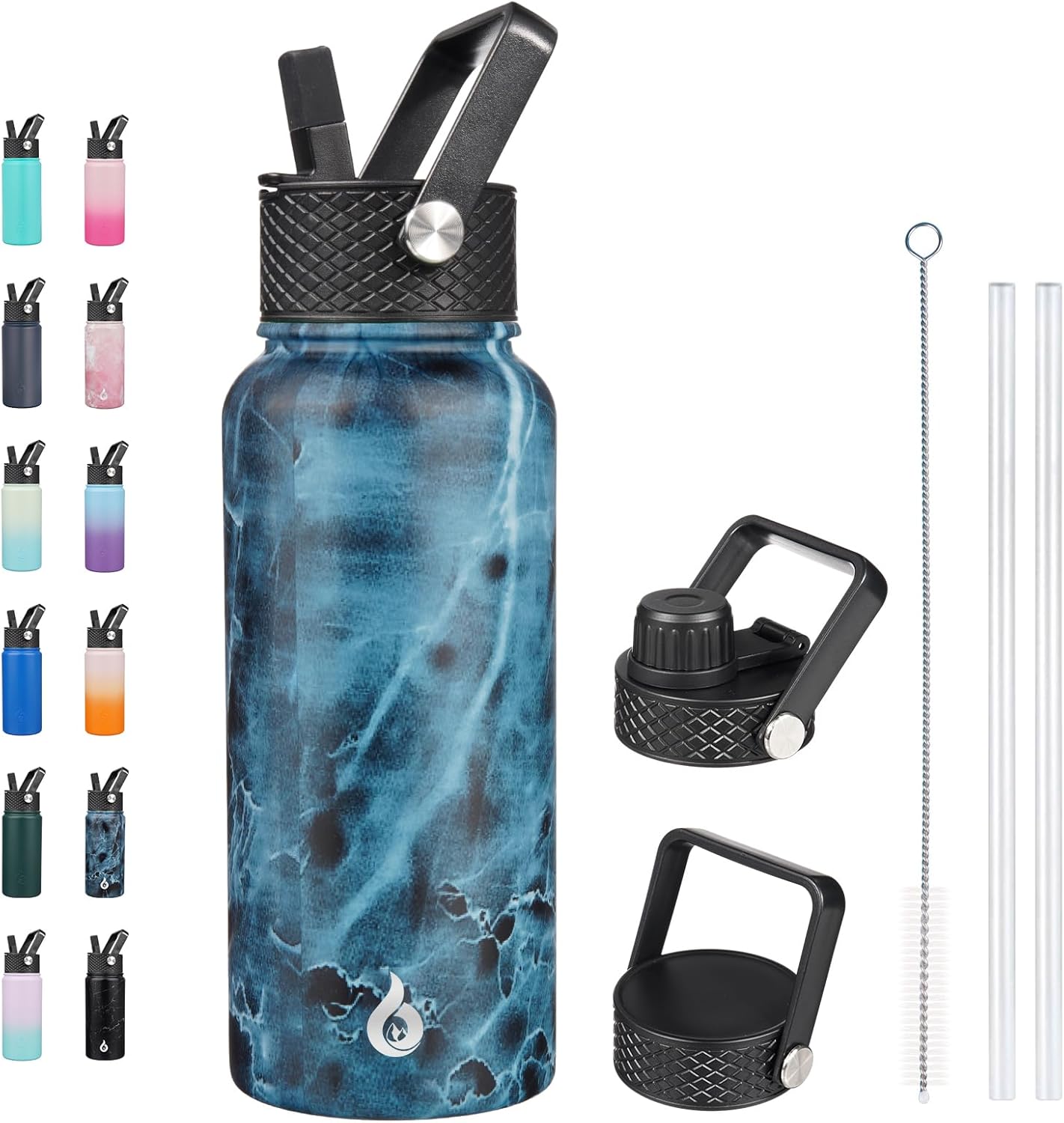 BJPKPK Insulated Water Bottles with Straw Lid, 40oz Stainless Steel Water Bottles with 3 Lids, BPA Free Leakproof Thermo, Tumblers, Cups for Sports, Gym- Midnight - Colors B