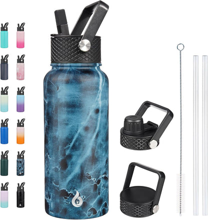 BJPKPK Insulated Water Bottles with Straw Lid, 40oz Stainless Steel Water Bottles with 3 Lids, BPA Free Leakproof Thermo, Tumblers, Cups for Sports, Gym- Midnight - Colors B