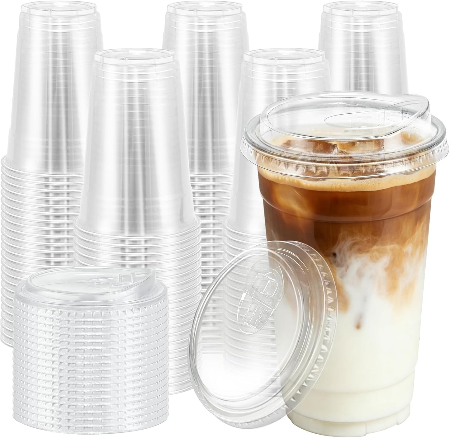 BYSNOW 100 Pack 16 oz Clear Plastic Cups with Lids, Disposable Iced Coffee Cups with Sip Lids, Sturdy Plastic Smoothie Cups for Cold Drinks