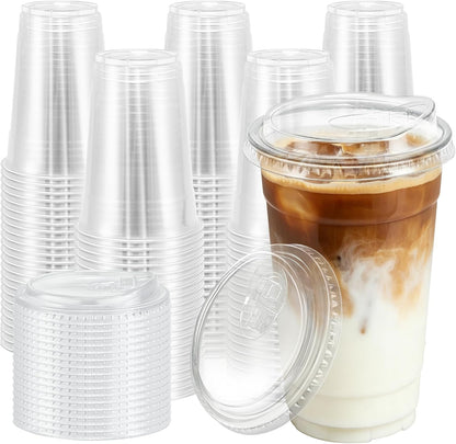 BYSNOW 100 Pack 16 oz Clear Plastic Cups with Lids, Disposable Iced Coffee Cups with Sip Lids, Sturdy Plastic Smoothie Cups for Cold Drinks