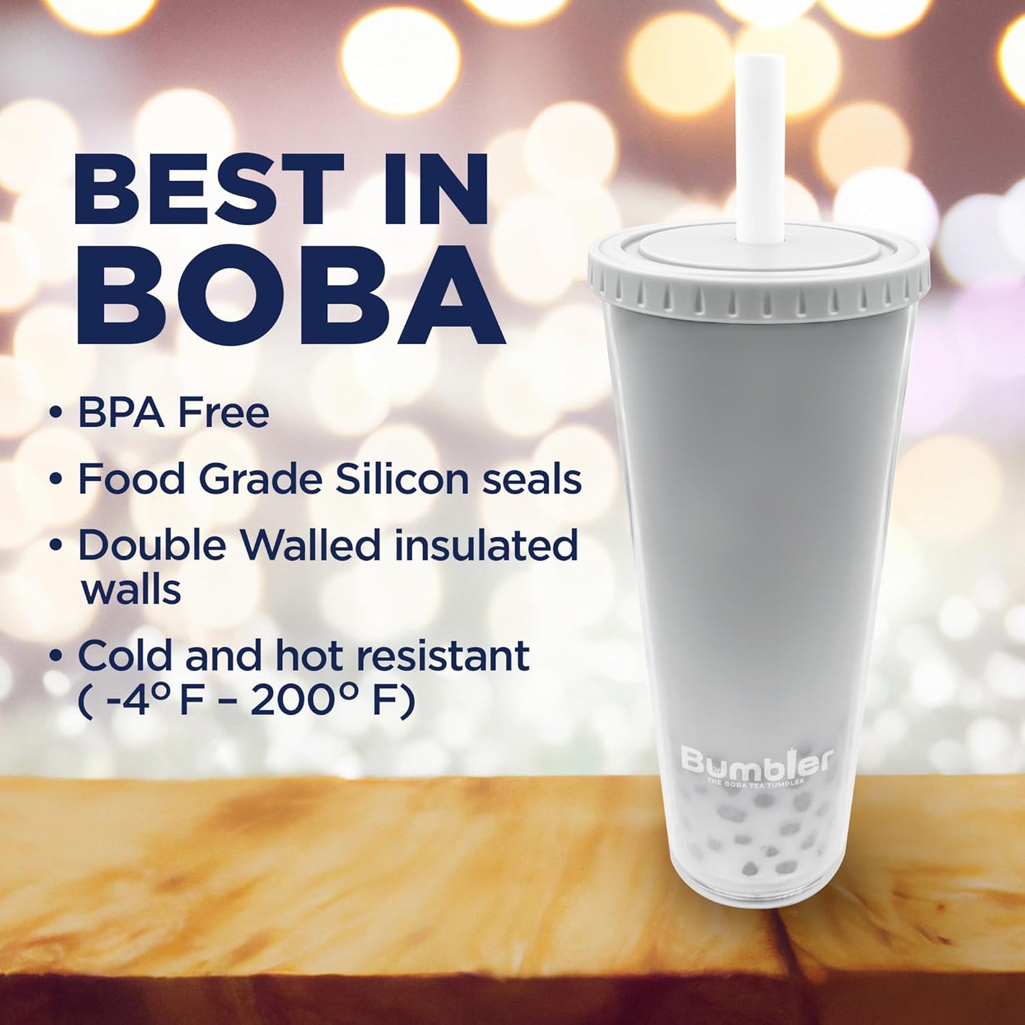 Bumbler Original Boba Tea Cup - 24oz Double-Walled Plastic Reusable Tumbler with Extra Wide Straw & Leak-Proof Lid - BPA-Free Smoothie & Iced Coffee Travel Mug - Blush Pink