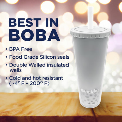 Bumbler Original Boba Tea Cup - 24oz Double-Walled Plastic Reusable Tumbler with Extra Wide Straw & Leak-Proof Lid - BPA-Free Smoothie & Iced Coffee Travel Mug - Blush Pink