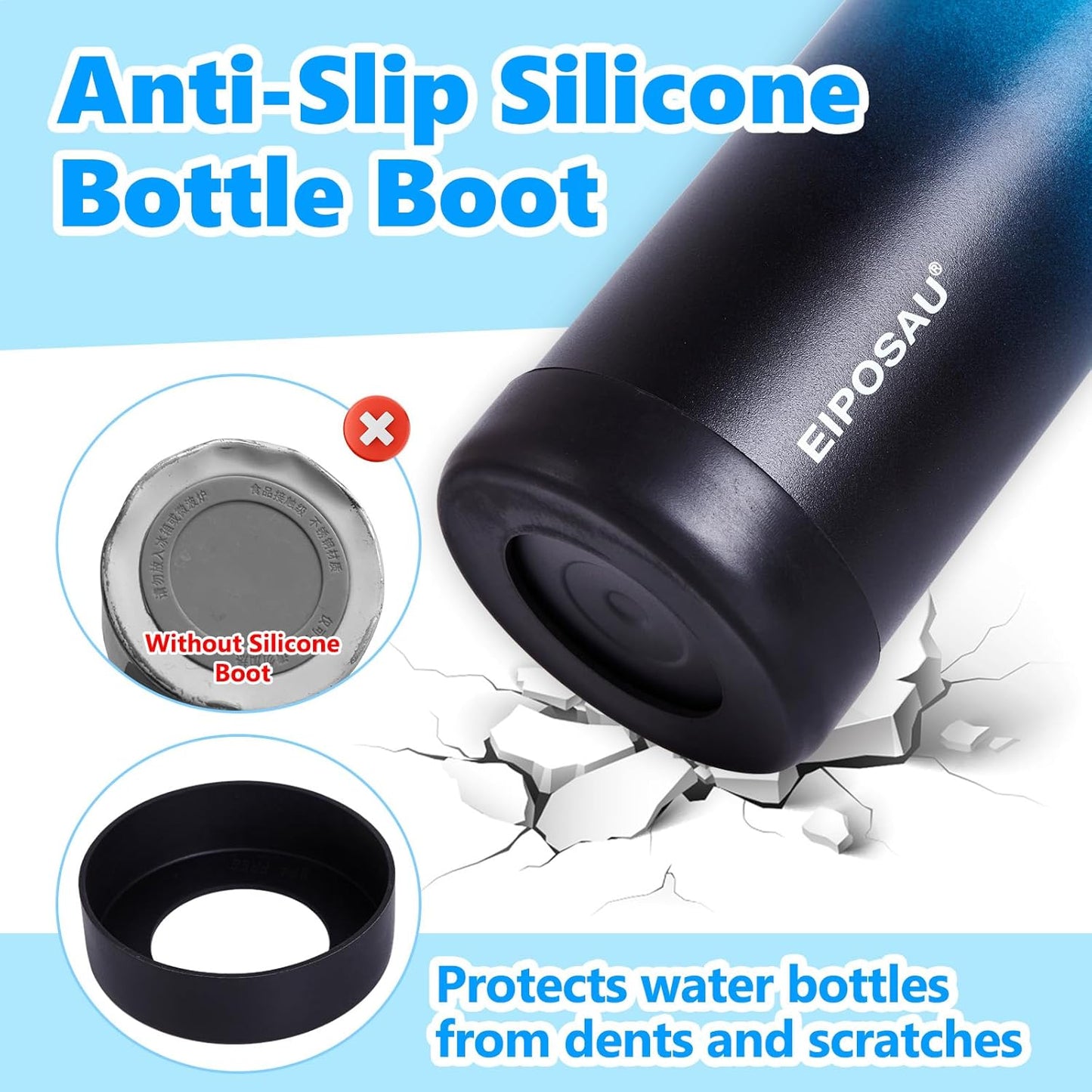 Insulated Water Bottle with Lid & Boot & Stickers, 24 oz Stainless Steel Sweat Free Bottle Keep Cold 24H, BPA-Free Sports Wide Mouth Water Bottle, BlueBlack