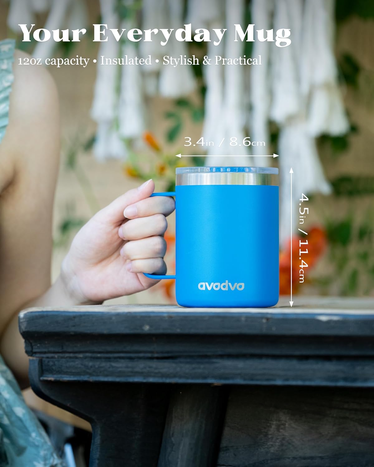 12oz Insulated Coffee Mug with Lid – Includes Two Lids, Stainless Steel Coffee Travel Mug with Handle, Double Wall Vacuum Insulated Camping Mug for Home, Office & Outdoor, Navy Blue