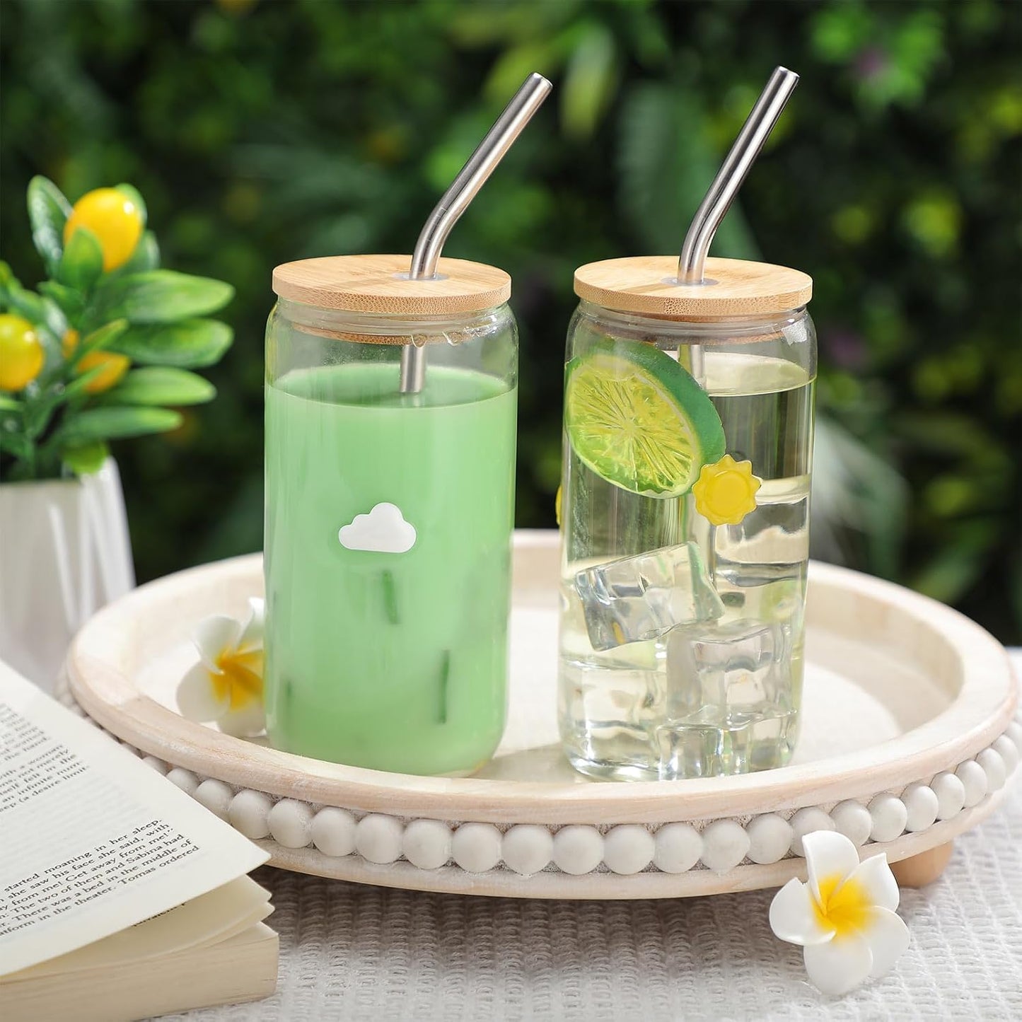 Honeydak 2 Pcs Icon Juice Glass Tumbler with Lid & Straw - 18 oz Cloud and Sun Icon Can Shape Glass Cups Coffee Juice Beer Soda Drinking Cup for Summer Halloween Christmas Party Supplies Gift
