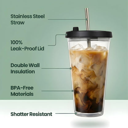Reusable Iced Coffee Cup with Lid and Straw, 24 oz/Venti, BPA-Free Double-Wall Insulated Plastic Tumbler for Cold Drinks, Includes Clear Plastic Straw, Stainless Steel Straw and Cleaning Brush, White