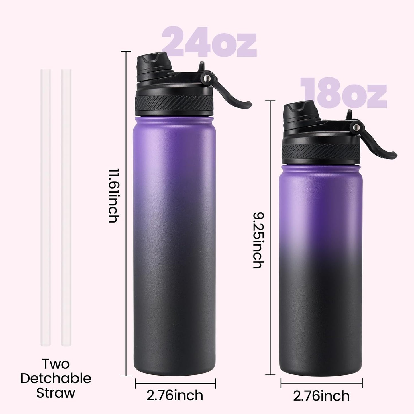 Fijinhom 18 oz Insulated Water Bottle, 2-in-1 Straw and Spout Lid Stainless Steel Thermos, Leak-Proof, Double Wall Vacuum Flask, Keep Cold 24H for Outdoor, Sports, Travel, School (Black)