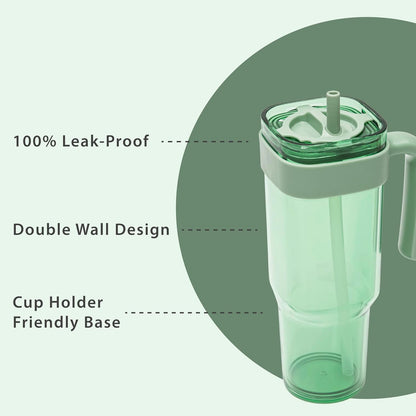 34oz Leakproof Straw Tumbler with Lid and Straw Double Wall Slim Coffee Cup Reusable BPA Free Plastic Travel Mug Integrated Handle Dishwasher Safe