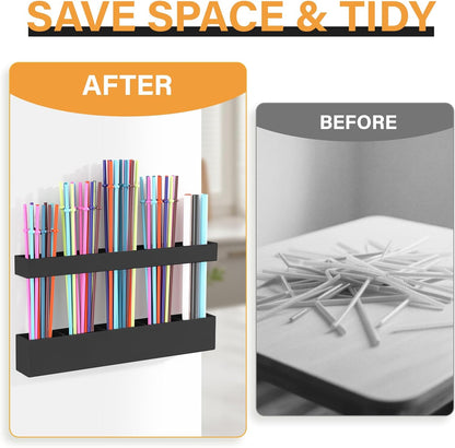 Straw Holder for Cabinet Door, Reusable Tumbler Straw Organizer Storage Container Mount for Kitchen Counter Cupboard Door (Transparent, 9.5inch)