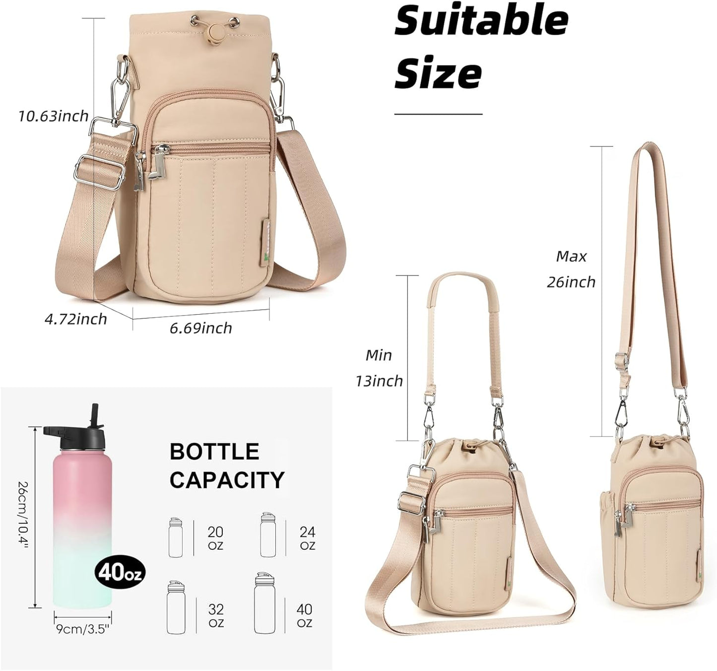 Rueesh Water Bottle Holder Bag with Adjustable Strap, Insulated Bottle Carrier Bag RFID Crossbody Sling Bag for Gym Walking