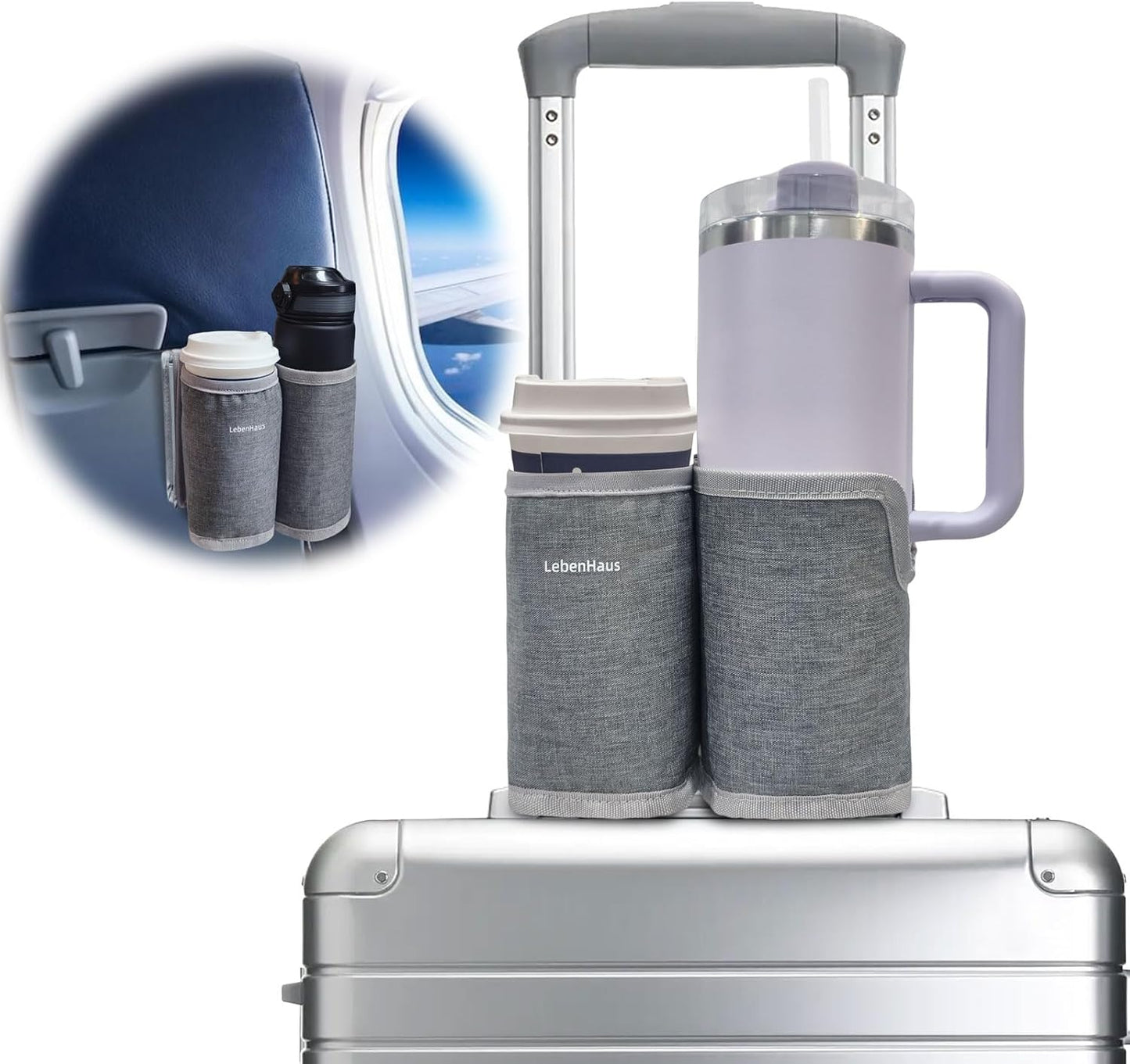 2 in 1 Luggage Cup Holder for Suitcase Airplane Cup Holder for Tray Table Drink Carrier for Stanley Tumblers Coffee Beverage Organizer Luggage Drink Holder Travel Gifts for Women (Gray)