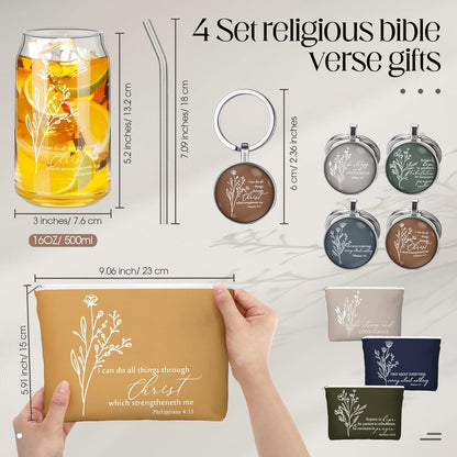 Fumete 4 Sets Christian Gifts for Women Church Gifts Set 16oz Bible Verse Glass Cup Religious Makeup Cosmetic Bags Prayer Tumbler Keychain for Study Group Sunday School God Teacher(Bright Morandi)