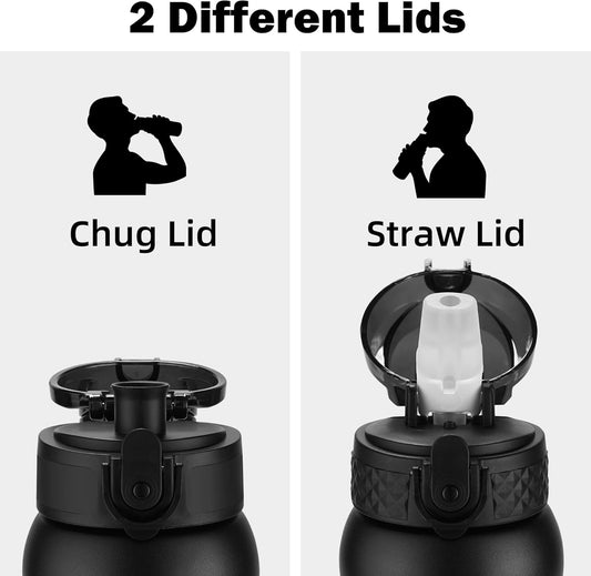 Oldley Insulated Water Bottle 20oz for Adults Kids Stainless Steel Water Bottles with Straw/Chug/Carabiner 3 Lids Fruit Strainer Double Wall Vacuum Wide Mouth BPA Free Leak-Proof for School Travel