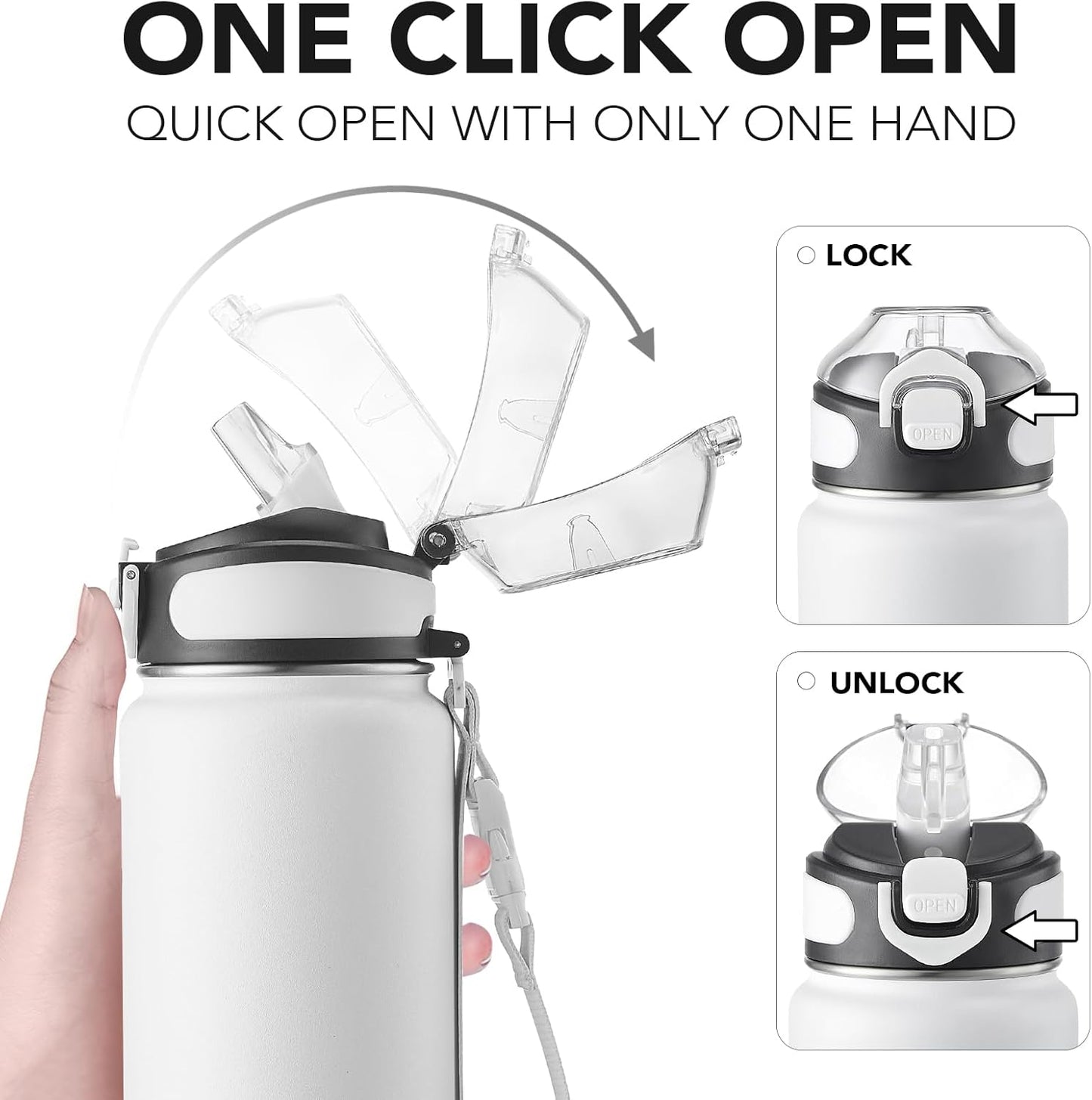 Enerbone 24 oz Insulated Water Bottle, Stainless Steel Bottle with Carrying Strap, Double-Wall Vacuum Insulation Design, Leakproof Sports Bottle with Straw, Keep Drinks Cold or Hot for Hours