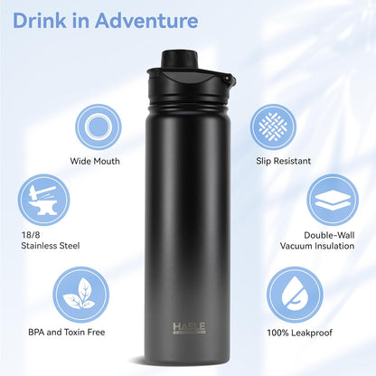 HASLE OUTFITTERS 32 oz Insulated Water Bottle Stainless Steel Double Walled Vacuum Sports Water Bottle with 2 Lids (Straw and Spout Lid) for Gym Camping Hiking(Black,1)