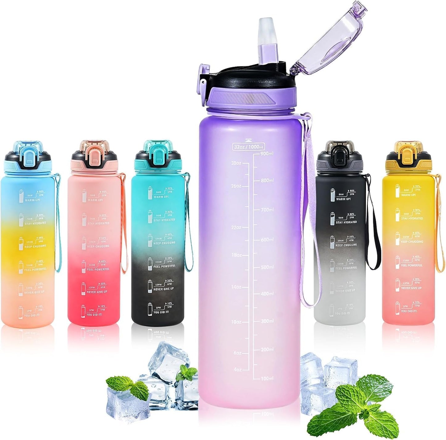 Water Bottle with Straw 1L,Boys Water Bottles with Straw 1 Litre,Waterbottle Leak-Proof Sports Water Bottle,Plastic Drinks Bottles Toxin Free，Bpa-Free (Cyan Black)