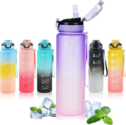 Water Bottle with Straw 1L,Boys Water Bottles with Straw 1 Litre,Waterbottle Leak-Proof Sports Water Bottle,Plastic Drinks Bottles Toxin Free，Bpa-Free (Cyan Black)