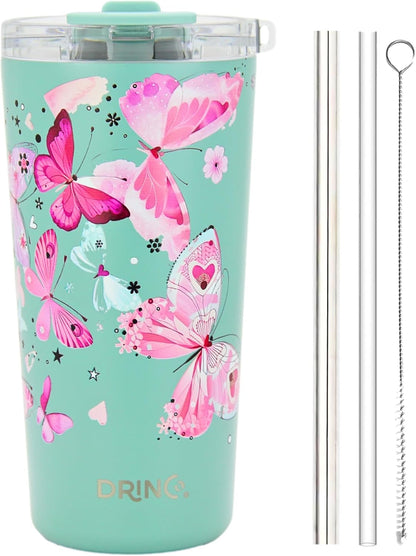 Drinco - 20 oz Stainless Steel Tumbler | Double Walled Vacuum Insulated Mug With Lid, 2 Straws, For Hot & Cold Drinks (20oz Dragonfly)