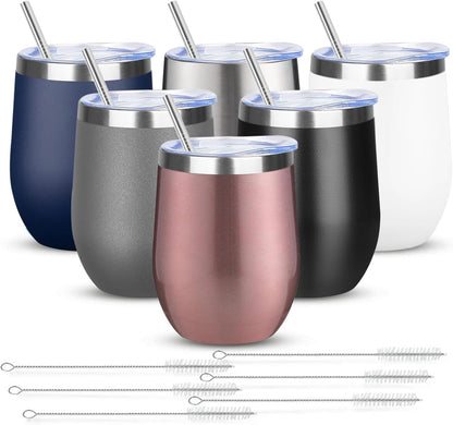 12oz/4 Pack Wine Tumbler Glasses with Lid Stemless Double Wall Vacuum Stainless Steel Travel Tumbler Keeping Cold & Hot for Wine,Coffee,Cocktails,Drinks-Family and Gifts (Multi color-dark)